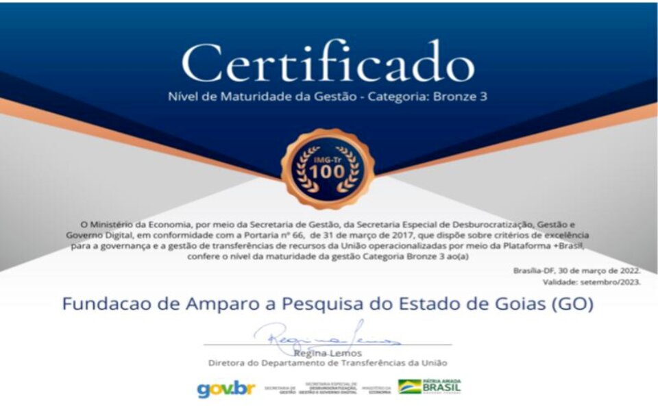 Fapeg: certificação positiva do Ministério da Economia por gestão transparente